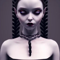 Wednesday Addams, Wednesday with braids standing with her arms crossed, dark, soft goth lip, hyper detail, octane render, unreal engine 5, photorealistic, 8k resulation