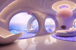 Interior room villa white and neon lights bright and colorful bright gloss effect of a futuristic house,like spaceship, light , natural round shapes concept, large transparent view of the open outdoor beach sea at sunset,crystals,light of sun,wisteria, hibiscus flowers, tropical flowers,