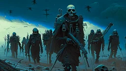 (Bio-engineered undead skeleton machine army) marching, (menacing), glowing eyes, tactical wear, gas masks, dark winter landscape, techno gothic aesthetic, epic, science fiction painting, (Denis Sarazhin, Alex Colville, Simon Stålenhag, Neil Blomkamp, Christopher Shy, Alejandro Burdisio, Tye Myartinez, ominous sky), RAW, gritty, high contrast, atmospheric horror art, vivid, neon overlay, harsh textures, dramatic, surreal horror, retro futuristic, nightmarish art, apocalyptic, atypical art