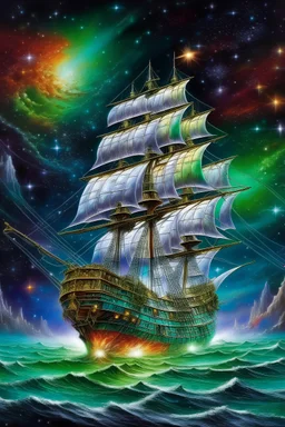 The Flying Dutchman's ship, in brilliant colors, sails in a silver sea between the stars