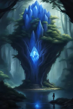 giant magic crystal, in a magic temple chamber, blue crystal, tall crystal, single crystal, tree-like, roots