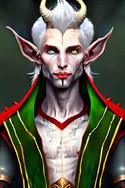 tiefling, male, white hair, green eyes, crimson cloak, warlock.