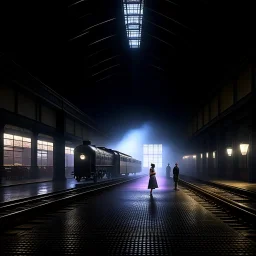 "lene som broderer" in big train hall, 8k, downlight, soft light, depth of field, photorealism, trending on art station, lotsa detail, smoke and fog