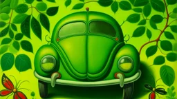 A lime green Bug Veilspun designed in German folk art painted by Henri Rousseau