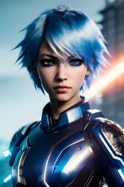 Cyborg anime warrior, light blue hair, short and messy hairstyle, blue eyes, waist up portrait, 8k resolution, intricate details, ornate details, soft lighting, vibrant colors, retroanime, masterpiece, intricate eyeliner, dark eyeshadow, eyes, intricate tattoos, futuristic cityscape background