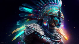 photorealistic Aztec warrior cyborg marauder opalescent, interstellar galactic particles stream event horizon, quantum wormhole