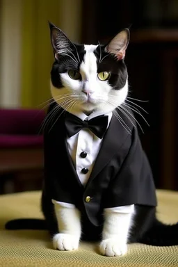 very cute white cat wearing a black wedding suit