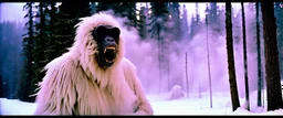 close up of a Yeti in documentary photography, Wildfire, Smoke, burning, forest fire August 1995, Yeti, Dystopian, Japanese, Extreme depth of field, bokeh blur, winter, blizzard, Alberta, all-natural, in the style of candid, imperfection, natural lighting, Professional shot, shot on Agfa, Fuji Film, Anamorphic lens --ar 4:5 --w 150 --style raw