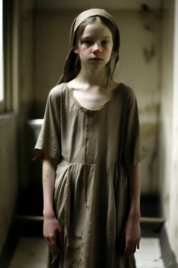 very thin 12 year old girl, dressed in rags, (A Cure for Wellness style, full figure