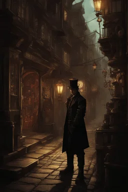 man in dark clothing, hiding around a corner., looking out on a brightly lit steampunk street