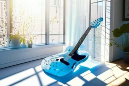 A lovely clear transparent resin guitar with forget-me-not design in a modern room in sunshine