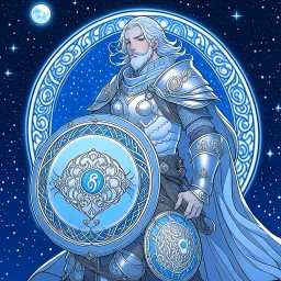 Please create an image for a 30-year old aasimar male with silver hair and a short, square beard and blue eyes. He is standing outside in the moonlight wearing plate armor and wielding a shield and a mace. His equipment is adorned in multiple places with crescent moons and stars