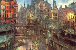 Colourful cityhGotham city+old lamp+Bar and garden on High Bridges across Skyscraper river+canals+Gothic village+European Metropolis on sea+naples alley+Torino square+trieste canals+victorian London+decòpunk Skyscraper+ +steampunk+biopunk+alphonse mucha, greg rutkowski, matte painting, cryengine, hyper detailed, felix kelly, fantasy art, seb mckinnon