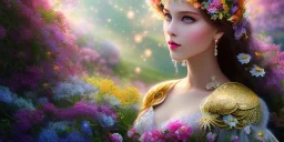 bright fairy, beautiful portrait, flowery landscape