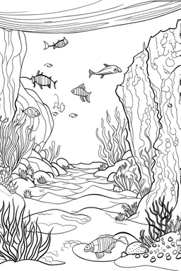 outline art for Color the sea creatures and plants, leaving the water and cave entrance white coloring pages with sitch, white background, Sketch style, full body, only use outline, clean line art, white background, no shadows and clear and well outlined.