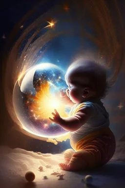 A baby playing with a globe containing the secrets of the universe with an imploding sun in the background and stars flying by