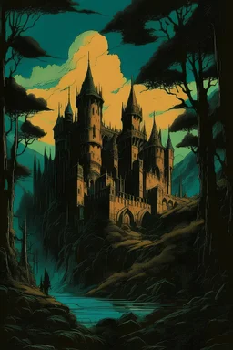 70s dark fantasy art of a medieval castle, in 70's darkwave style