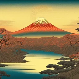 Ukiyo-e Style , mount fuji, sun set