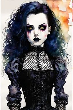 Create and fine print ink wash and watercolor portrait illustration of a Goth Girl ball jointed porcelain doll, with finely lined and detailed facial features in a ragged gothic dress, fishnet stockings ,battered combat boots, , in the graphic novel style of Bill Sienkiewicz, and Jean Giraud Moebius, precisely drawn, colored and inked