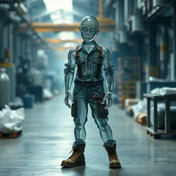 an very sad transparent glas man with legs and shoes, working clothes, in a factory, nobody cares about the empty glas, that is why he is so sad :( , he had worked 30 years in the factory and never had a salary increase, tears in his eyes