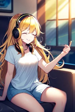 girl, masterpiece, best quality, cinematic lighting, detailed outfit, vibrant colors, perfect eyes, golden hair, long hair, closed eyes, headphones on head, listening to music, smile, sitting, indoors, god rays, casual clothes,