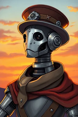 A portrait of a silver metallic robotic bard character from Dungeons and Dragons. He has a fancy hat, and an extravagant cape around his neck. He appears to be daydreaming. Sunset sky background. 2D drawing warforged autognome flat cute drawing fantasy steampunk realistic