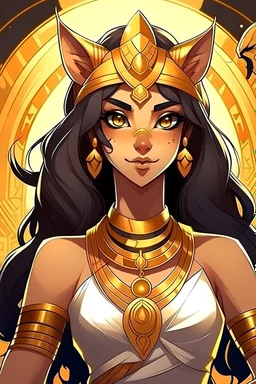 cute Egyptian queen as an werewolf goddess with enchanting hair and golden glow as divine powers and light skin and beauty that rivaled Aphrodite in anime style