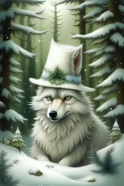 photorealistic; Cute fantasy white Christmas wolf wearing a stocking hat; big pine trees all around; in the style of Tony Diteerlizzi