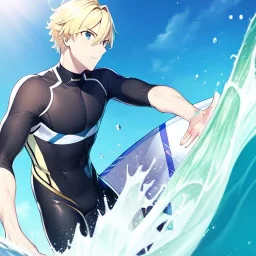 blonde hair anime boy surfing under a wave