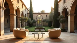 un canapé design et deux fauteuils au design futuriste en laine bouclettes beige dans le cloître d'un monastère cistercien avec des cyprès et des oliviers. Lumière soleil couchant