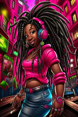 Create a digital airbrush cartoon of a curvy African American female wearing a hot pink jean outfit with timberland boots. Prominent make up with hazel eyes. She is wearing large diamond hoop earrings. Extremely highly detailed very long dread locs hair that shines. Background of a night club.