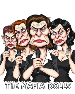 Poster of a hand-drawn caricature of a group of very ugly adult women, posing in a mafia style, and speaking with microphones in the shape of guns. The facial features of each woman are extremely exaggerated, some are big-eared, big-nosed, with a firm mouth, which makes them look silly, evil and stupid. Superimposed there is the following phrase: "LAS MUÑECAS DE LA MAFIA"