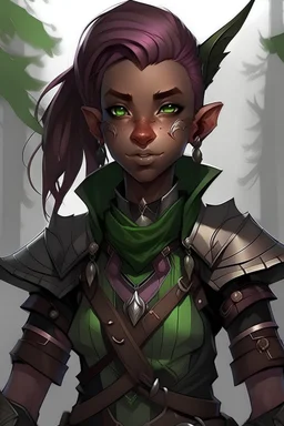 Young wood elf, rogue, brown skin, bright green eyes, mauve hair, black leather armor, mischievous