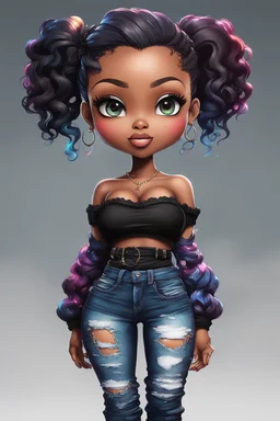 create a colorful abstract digital art image 8k of a chibi curvy black female wearing torn jeans pants and a black-tie dye off the shoulder blouse. Prominent make up with hazel eyes. Highly detailed long wavy sleek ponytail