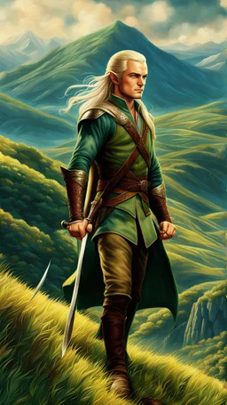 Legolas en las colinas, Art retro, full body, calidad ultra, hiperdetallado, increíble obra de arte, 64K