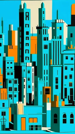 A teal city with towers painted by Stuart Davis
