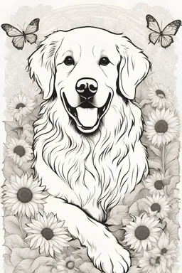 Playful Golden Retriever in a lively field of sunflowers, butterflies, mature coloring artwork, contour, vector, clean line art, white background, detailed, black and white, in the style of Mandala design