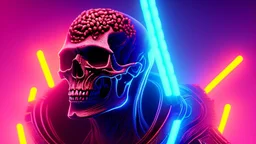 hundreds of non-anatomically correct, dark comic art, graphic novel,human skulls stacked into a wall unusual neon lighting, high velocity, 64k, dystopian, vray,