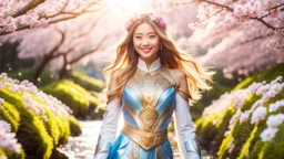 Portrait of a gorgeous smiling asian goddess with a golden taned skin, long smooth blonde hair, blue eyes, in a sci-fi outfit with luminous strikes in a hill of flowers with sakura trees, a small torrent, loads of mini flowers, moss, sun rays through the branches, particles in the air at spring