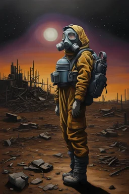 a mesmerizing post-apocalyptic world, the sky filled with stars at night, broken buildings surrounded by debris, the floor is covered with dirt and iridescent oil, a sense of beauty and destruction. An acrylic painting of a lone woman wearing highly detailed safety clothes, wearing a gas mask, aanstanding on a barren. (Acrylic painting by MSchiffer showcasing the meticulous brushstrokes and depth of colors.) Acrylic paint blobs in relief, The pollution looks almost like glowy northern lights in