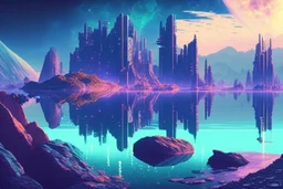 distant cyberpunk city, rocks in the lake, galaxy, epic