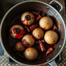 A cooking pan full with blood and guts and human remains head eyes balls