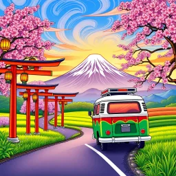 Create a book cover for "Cozy Japan Coloring Book" featuring a vibrant road trip scene through the Japanese countryside. A colorful retro van drives along a winding road lined with vivid red torii gates, glowing paper lanterns, and bright pink cherry blossoms in full bloom. Towering in the distance is Mount Fuji, its snowy peak glowing under a radiant blue sky with swirling clouds. Lush green rice paddies and orange sunset hues bathe the landscape in warmth. The van is bursting with charm—decora