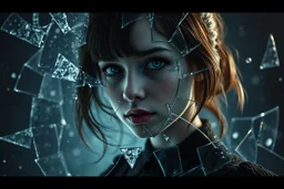 a high realistic explosding girl with fractured glass, she tries to piece herself back together again, high contrast, high textured, thriller, high detail, atmospheric, dark fantasy, dark colors, cinematic, high realistic