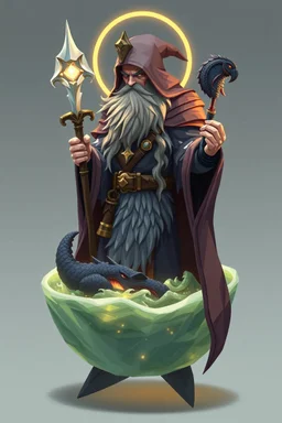 good low poly merman thief priest with long fur all over his entire body and bright aura and a nerd magical wizard shark raven dragon in a bowl