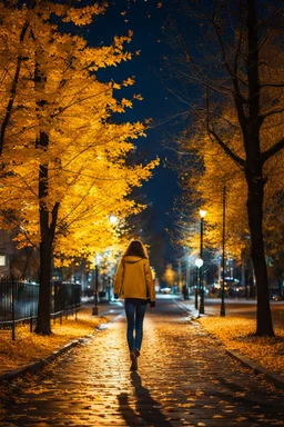 night yellow lights over the street trees autumn leaves under feet ,a Student adult girl with books in her hand walking in street turned back to talk to a boy walks after her few meters away her back