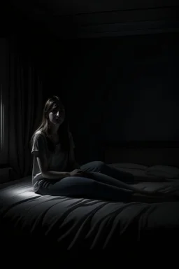 sitting on a bed in a dark room