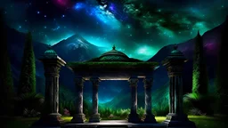 my dreams . podium for meditation , day landscape, In the garden my mind bows . meditation . ancient colonades for meditation palace built in the jungle , mountains. space color is dark , where you can see the fire and smell the smoke, galaxy, space, cosmos, panorama. Background: An otherworldly planet, bathed in the cold glow of distant stars. Northern Lights dancing above the clouds in amazon. Fantasy gate floating in the universe