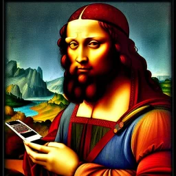 leonardo da vinci with computer. creating in photoshop. hyperdetailed, warm colors, movie poster, photoillustration, oil on canvas, lens flare