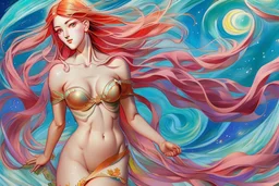 colourful digital painting of beautiful aphrodite full body, in the style of hokusai and van gogh